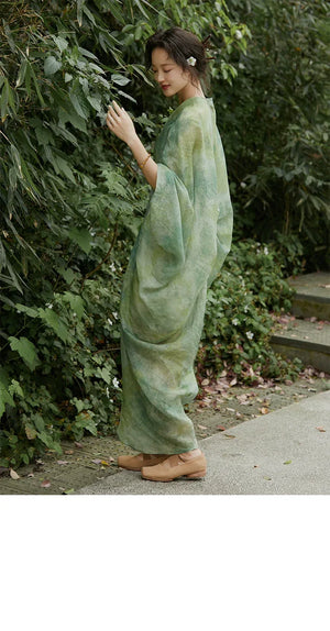100% Ramie Modern Chinese Dress – Green Tie-Dye Print with Loose Silhouette & Camisole Layer - Yandan_Hanfu