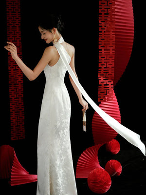 "Pianrou" White Jacquard Ribbon Morning Gown Knot Bridal Toast Dress Engagement Banquet Bar Mitzvah - Yandan_Hanfu
