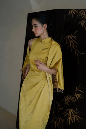 "Autumn Rhyme" Yellow Dark Pattern Cheongsam Shawl Bridal Wedding Dress Toast Dress - Yandan_Hanfu