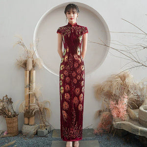 Floral pattern, long jacquard silk-satin cheongsam - Yandan_Hanfu