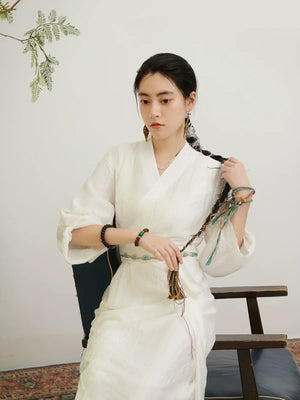 Realm of White – Yunshang Dress | Tibetan-Inspired New Chinese Style V-Neck White Gown - Yandan_Hanfu