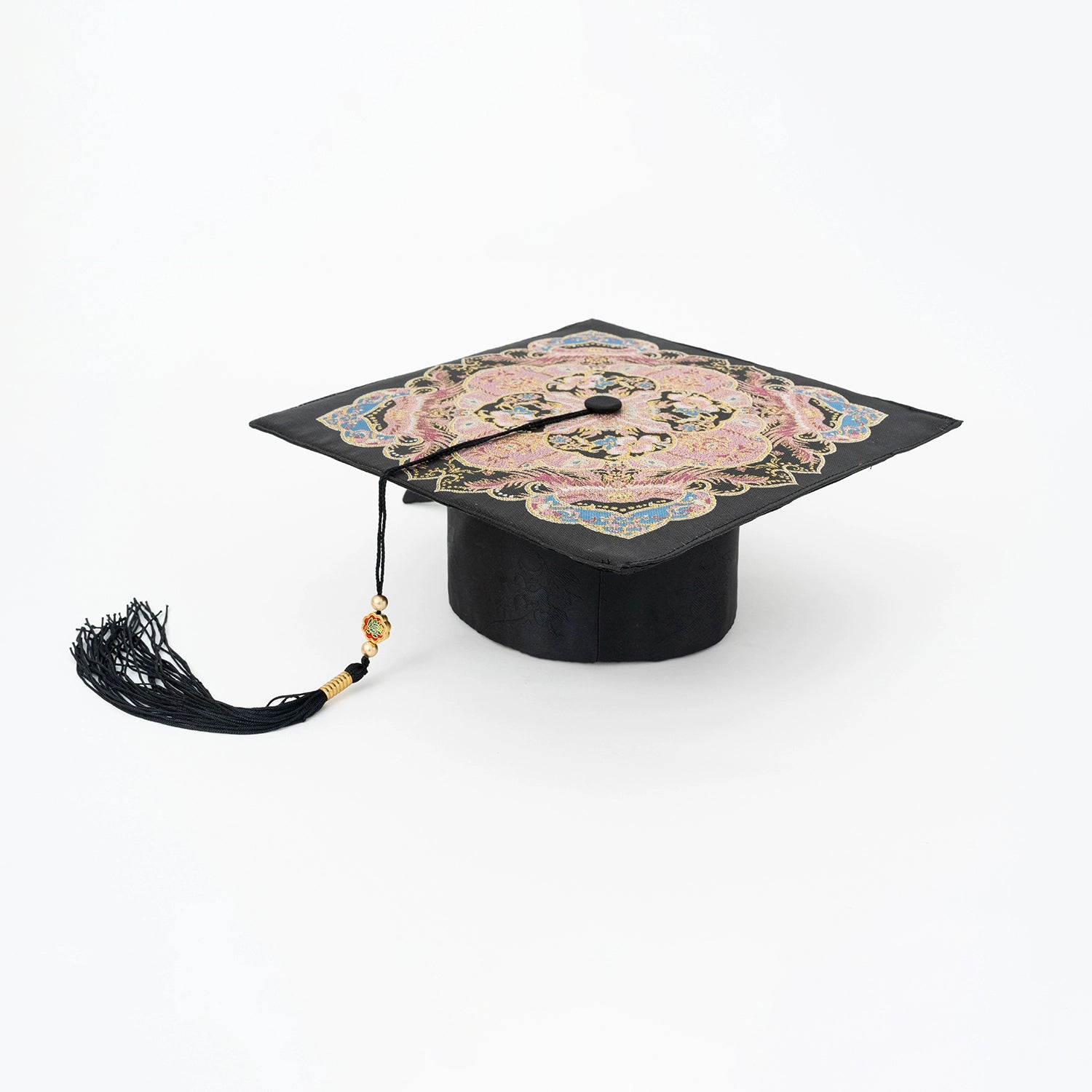 Pink embroidered 2025 Chinese style graduation top hat with floral patterns and tassel, part of Hanfu degree hat collection.