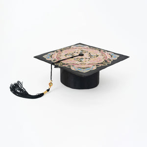 Pink embroidered 2025 Chinese style graduation top hat with floral patterns and tassel, part of Hanfu degree hat collection.