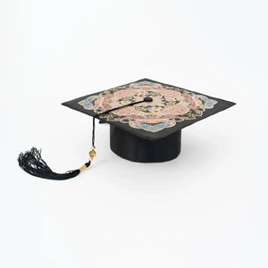 Pink patterned Chinese-style square graduation hat with black tassel