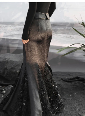 Dark fishtail skirt splicing sequined feather satin skirt - Yandan_Hanfu