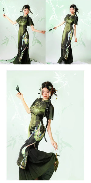 Verdant Sky Qipao – Black-Green Ombre Satin Cheongsam with Artistic Floral Print - Yandan_Hanfu