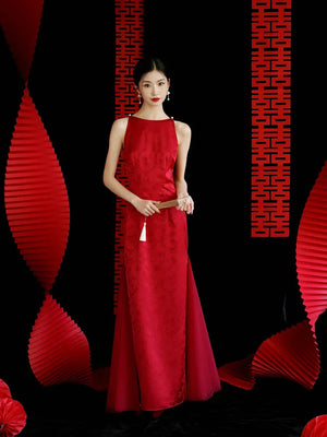 "Happy hairpin" red yarn original improved cheongsam bridal wedding dress toasting dress engagement - Yandan_Hanfu