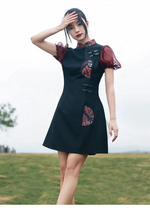 New Chinese style retro sweet and cool bubble sleeve jacquard contrasting color splicing skirt - Yandan_Hanfu