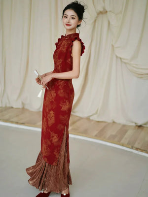 Lotus Step – Red Mermaid Qipao for Wedding, Engagement & Tea Ceremony - Yandan_Hanfu