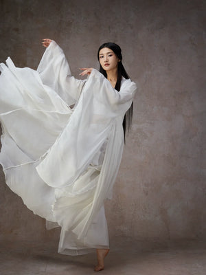 Graceful White Wide-Sleeve Chiffon Hanfu – Classical & Jazz Fusion Dance Dress - Yandan_Hanfu