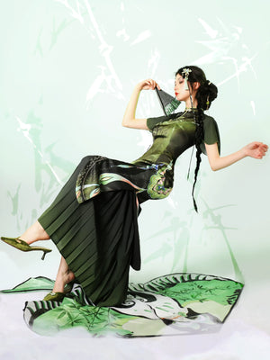 Verdant Sky Qipao – Black-Green Ombre Satin Cheongsam with Artistic Floral Print - Yandan_Hanfu