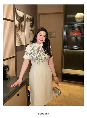 New Chinese style champagne embroidered plus size long cheongsam/qipao skirt - Yandan_Hanfu