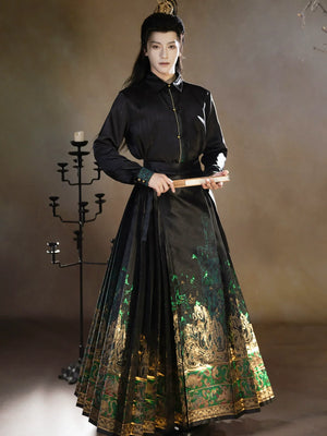 Four Divine Beasts Hanfu Set – Unisex Chinese Shirt & Brocade Horse-Face Skirt in New Style Design - Yandan_Hanfu