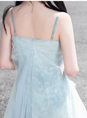 Back close-up of The legend of the blue sea suspender skirt, revealing fine strap details and soft fabric texture for summer elegance.