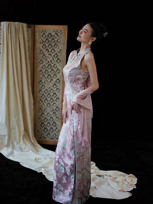 "Pink Bell" Pink Jacquard Bell Cheongsam/Qipao Shawl Bridal Dress - Yandan_Hanfu