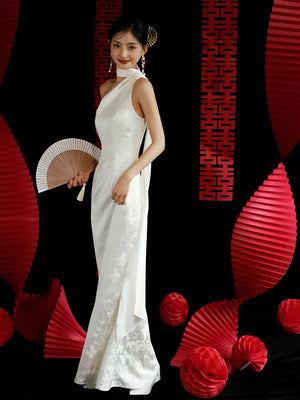 "Pianrou" White Jacquard Ribbon Morning Gown Knot Bridal Toast Dress Engagement Banquet Bar Mitzvah - Yandan_Hanfu