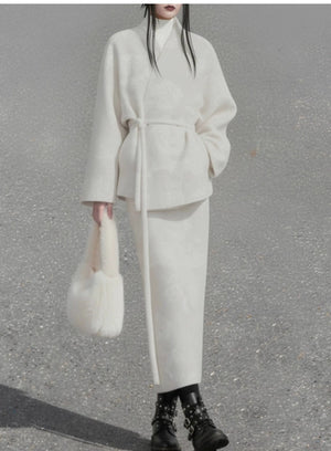 Hydrangea Ivory – Wool Cross-Collar Jacket & Straight Skirt Set | Soft Elegant New Chinese Style Outfit - Yandan_Hanfu