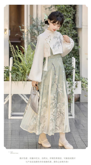 Women's Hanfu dress by Lixiang in soft hues, featuring floral motifs and layered textures, ideal for spring and autumn seasons.