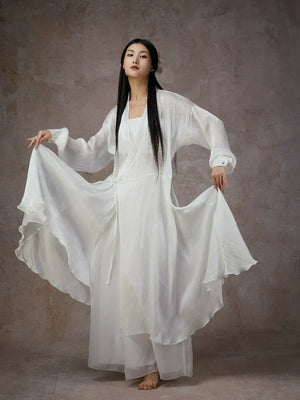 Graceful White Wide-Sleeve Chiffon Hanfu – Classical & Jazz Fusion Dance Dress - Yandan_Hanfu