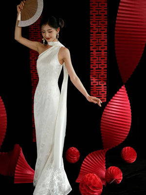 "Pianrou" White Jacquard Ribbon Morning Gown Knot Bridal Toast Dress Engagement Banquet Bar Mitzvah - Yandan_Hanfu