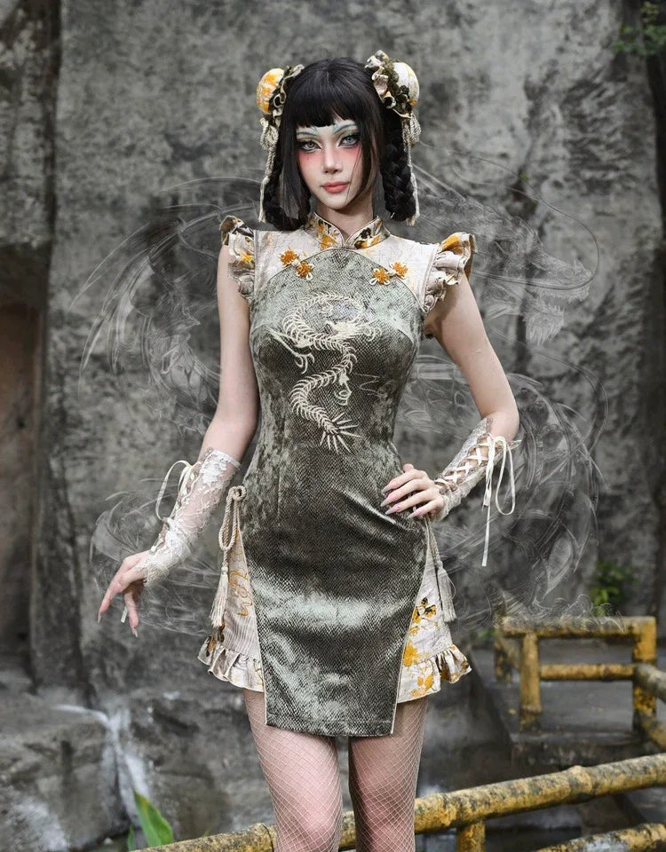 Embroidered Cheongsam Dress - Dragon Festival | Short, Halloween Dragon Embroidered Cheongsam / S