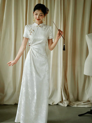 "Kite Butterfly" White Jacquard Cheongsam Bridal Toast Dress Engagement Dress - Yandan_Hanfu