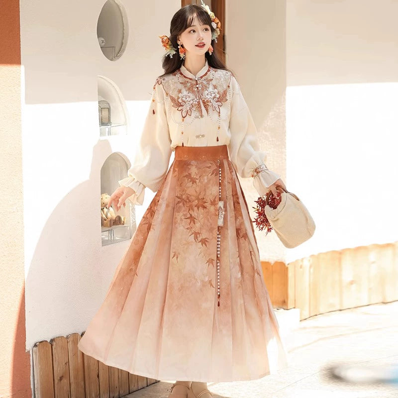 Maple Leaf Hanfu Women's New Chinese Style outfit with embroidered top and pleated skirt, perfect for spring daily wear.