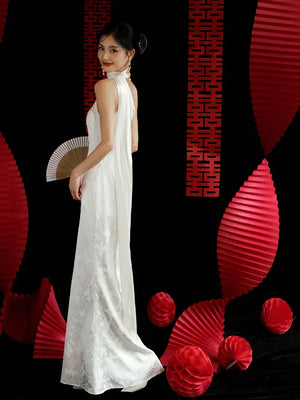 "Pianrou" White Jacquard Ribbon Morning Gown Knot Bridal Toast Dress Engagement Banquet Bar Mitzvah - Yandan_Hanfu