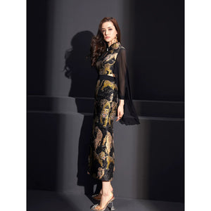 Ukiyo-e painted tiger pattern jacquard soft satin, retro split-ended cheongsam - Yandan_Hanfu