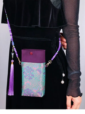 Floral Motif Bag | Color-Block Canvas Crossbody with Beaded Strap - Yandan_Hanfu