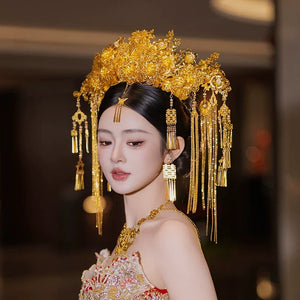 Bride Golden Curtain Flower Happy Chinese Wedding Show Headdress Hair Accessories - Yandan_Hanfu