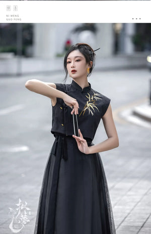 Oriental Grace – Hanfu-Inspired Set | Embroidered Bamboo Tassel Vest with Qipao Collar Top & Mamian Skirt - Yandan_Hanfu