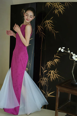"Rose Hairpin" Dragon Fruit Color Piece Cheongsam Bridal Wedding Dress Engagement - Yandan_Hanfu