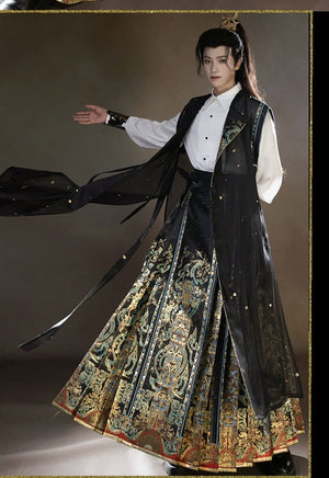 Unisex Hanfu Set – Inlaid Bronze-Inspired Brocade Horse-Face Skirt in Modern Chinese Style - Yandan_Hanfu