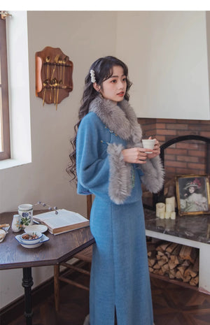 Blue Orchid Modern Qipao Tow piece Set – Winter Chinese Style Outfit - Yandan_Hanfu