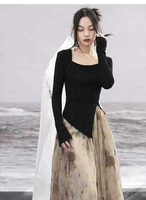 New Chinese style | suit women's early spring sweater fake two piece knitted black & red top - Yandan_Hanfu