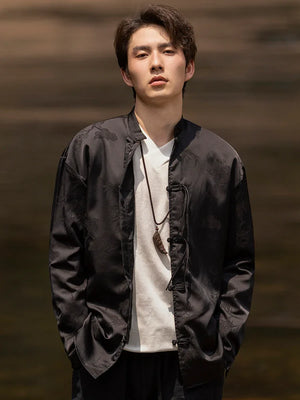 Bamboo leaf print disc buckle Tang suit men's retro Chinese style shirt - Yandan_Hanfu