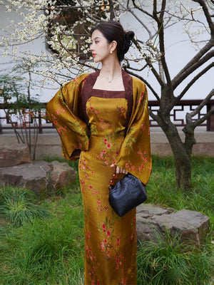 Golden Jelly Dress Set featuring high-end Chinese jacquard fabric with floral embroidery and fragrant cloud yarn, styled in a garden setting.