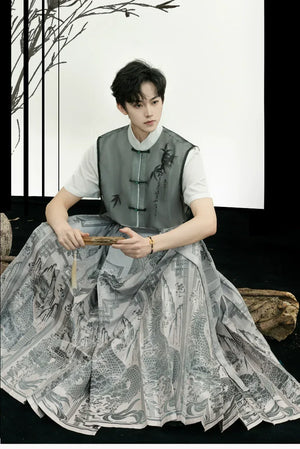 Unisex Modern Grey Hanfu Set – Cross-Collar Jacket with Brocade Ma Mian Skirt - Yandan_Hanfu