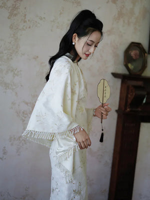 "Qianzhi" white embroidered shawl showing thin backless cheongsam bride wedding dress toast engagement - Yandan_Hanfu