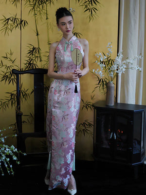 "Pink Bell" Pink Jacquard Bell Cheongsam/Qipao Shawl Bridal Dress - Yandan_Hanfu