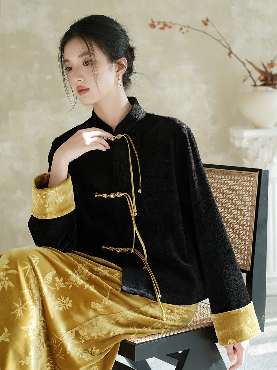 Velvet Elegance – Modern Chinese Women's Set | Black Embossed Tang-Style Jacket with Gold Skirt - Yandan_Hanfu