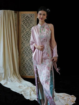 "Pink Bell" Pink Jacquard Bell Cheongsam/Qipao Shawl Bridal Dress - Yandan_Hanfu