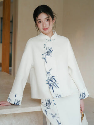 100% Wool Double-Faced Modern Chinese Women's Set – Printed Jacket with Matching Skirt, Minimalist Luxury Style - Yandan_Hanfu