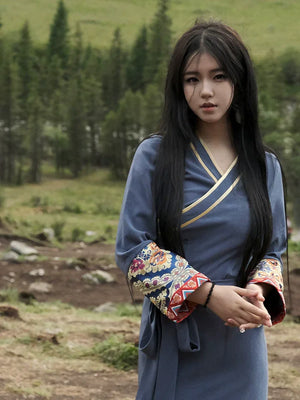 “Mist Blue” Brocade Dress — Refined Tibetan-Inspired Silhouette with Oriental Elegance - Yandan_Hanfu