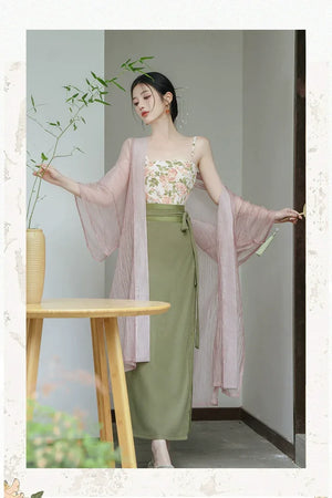 Garden Letter Romantic Daily Changgan Temple Hanfu Three piece Set - Yandan_Hanfu