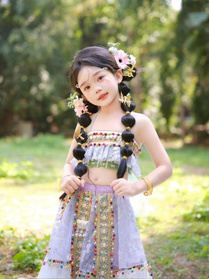 Girls Cotton Dress - Embroidery Dress featuring a traditional Hani-inspired design with floral hair accessories, ideal for summer kids clothing.