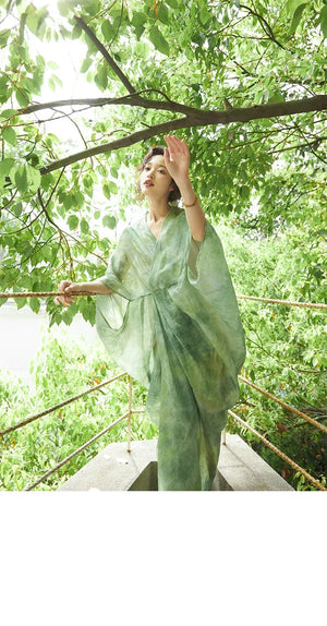 100% Ramie Modern Chinese Dress – Green Tie-Dye Print with Loose Silhouette & Camisole Layer - Yandan_Hanfu