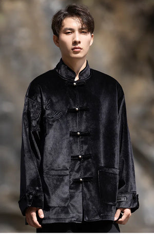 New Chinese Tang style men's button top autumn and winter coat golden velvet - Yandan_Hanfu