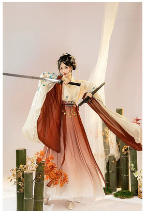 Wei Jin | Hanfu Women's Blue & Red Princess Dress Waist-length Broken Skirt Embroidery Suit - Yandan_Hanfu